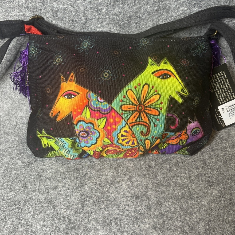 NWT Laurel Burch Fantastic Feline LB5552H Small Canvas‎ Tassels Cross-Body Bag